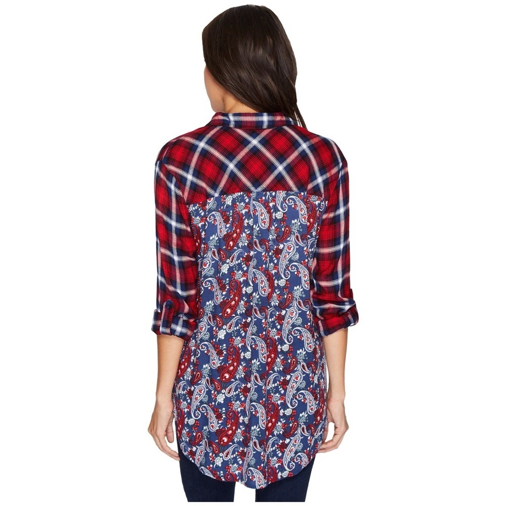 Kut from the Kloth Red and Blue Plaid Mixed Print Paisley Button Down Shirt